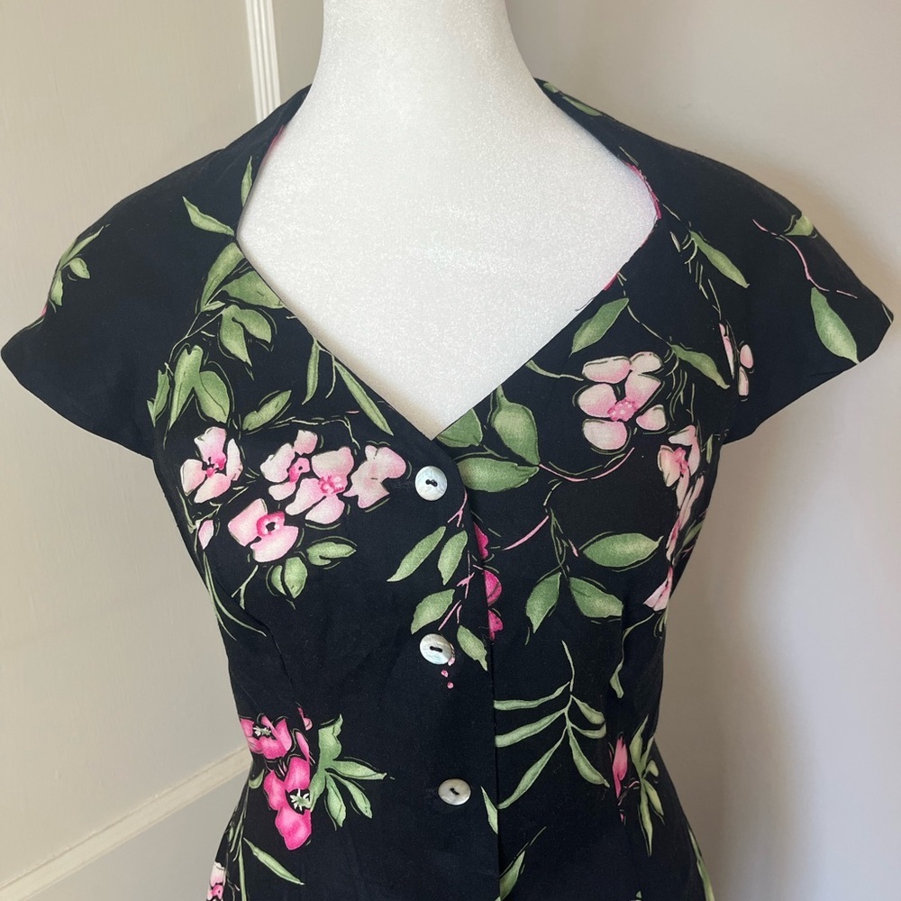 VTG 90S DRESSBARN moody pink Floral Black button dress cross back sz 8 50s 60s - Picture 2 of 11